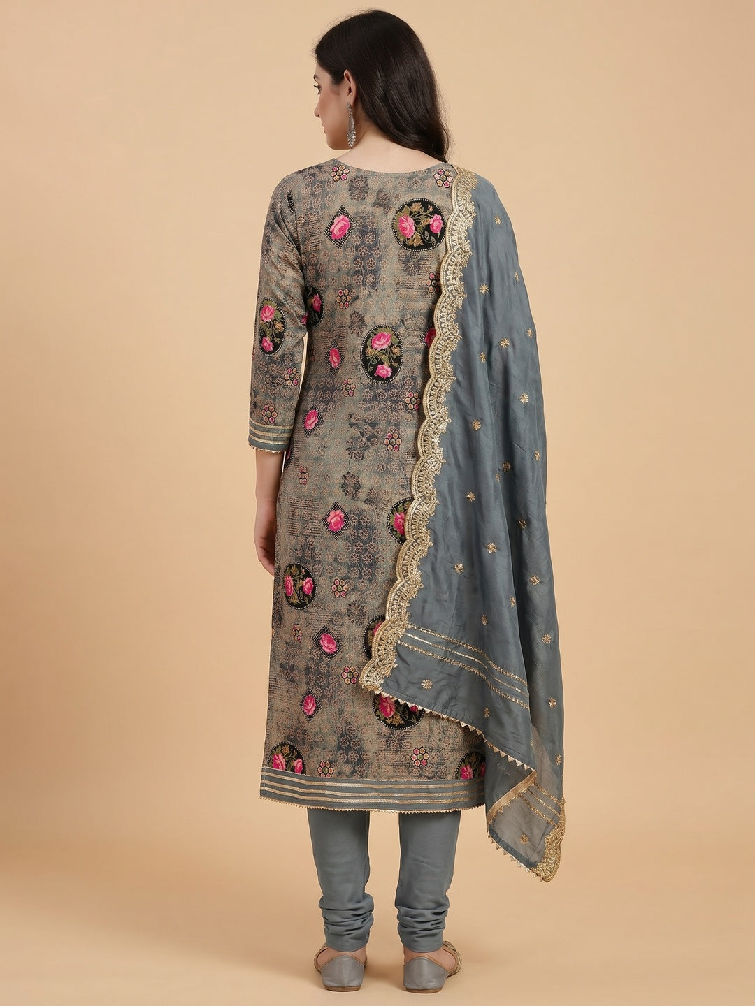 Grey Floral Printed With Embellished Pure Cotton Dress Material - Image 3