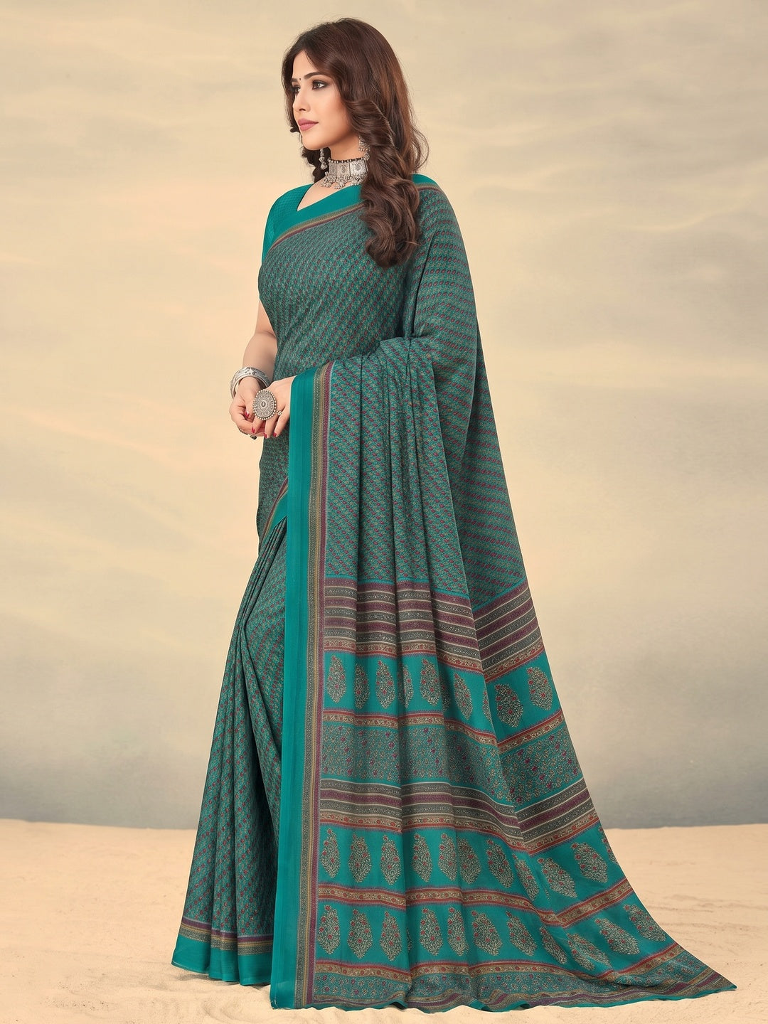 Rama Blue Printed Crepe Saree - Image 1