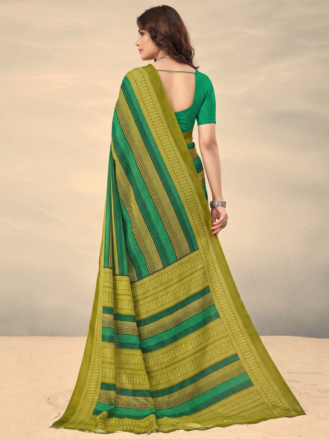 Green Printed Crepe Saree - Image 1