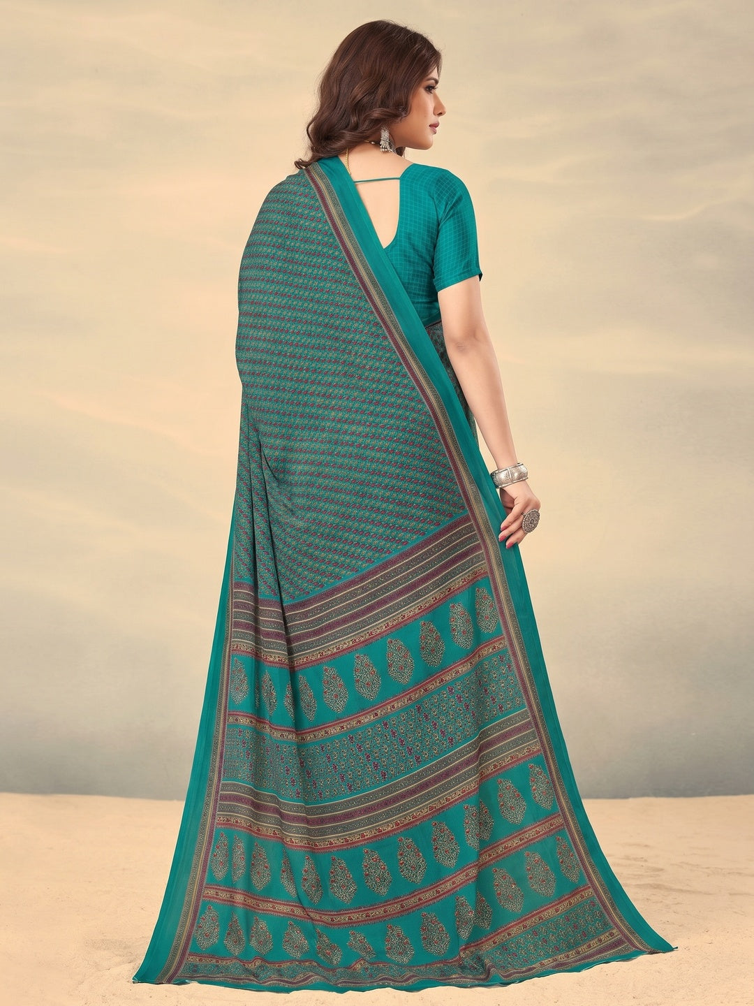 Rama Blue Printed Crepe Saree - Image 2