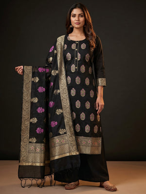 Black Woven Jacquard Dress Material - Image 1