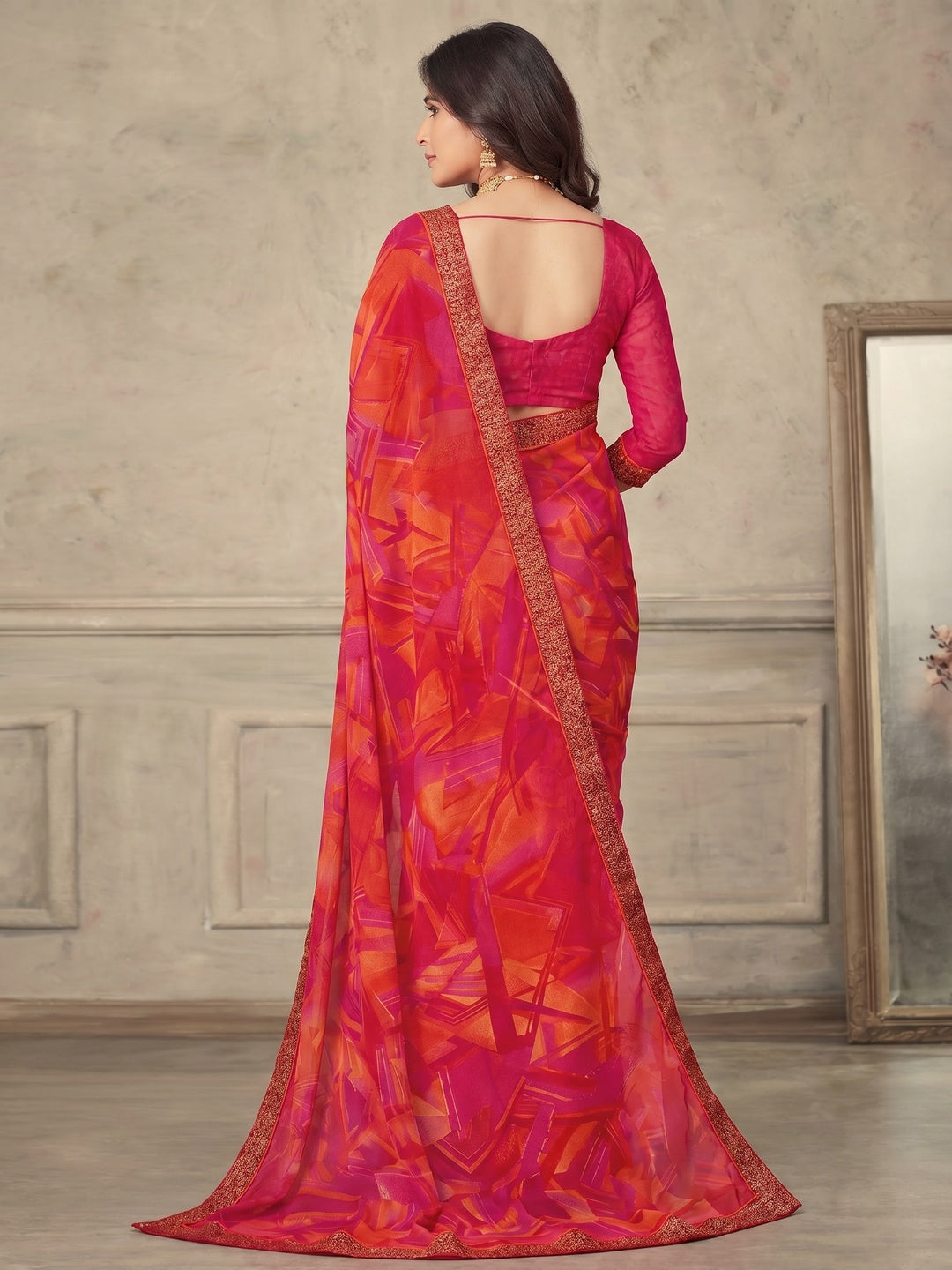 Rose Pink & Orange Printed Chiffon Saree - Image 1