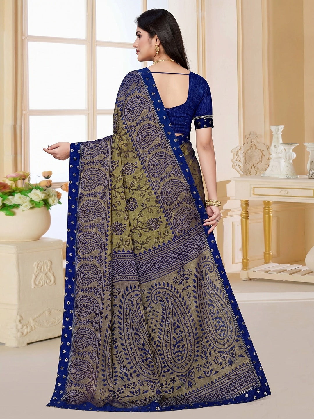 Olive-Green Floral Printed Chiffon Saree - Image 1