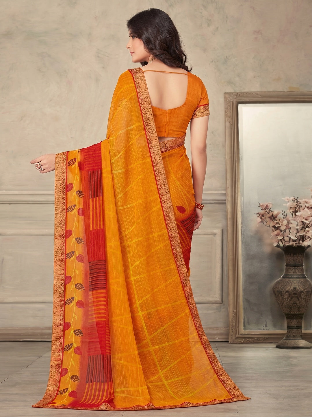 Orange Printed Chiffon Saree - Image 1