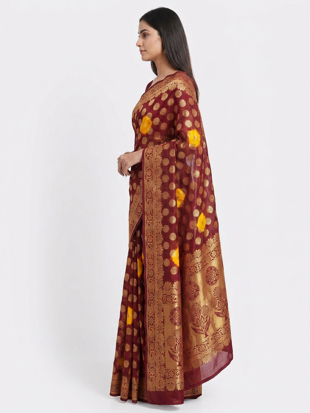 Maroon Woven Jacquard Saree With Tassels - Image 3