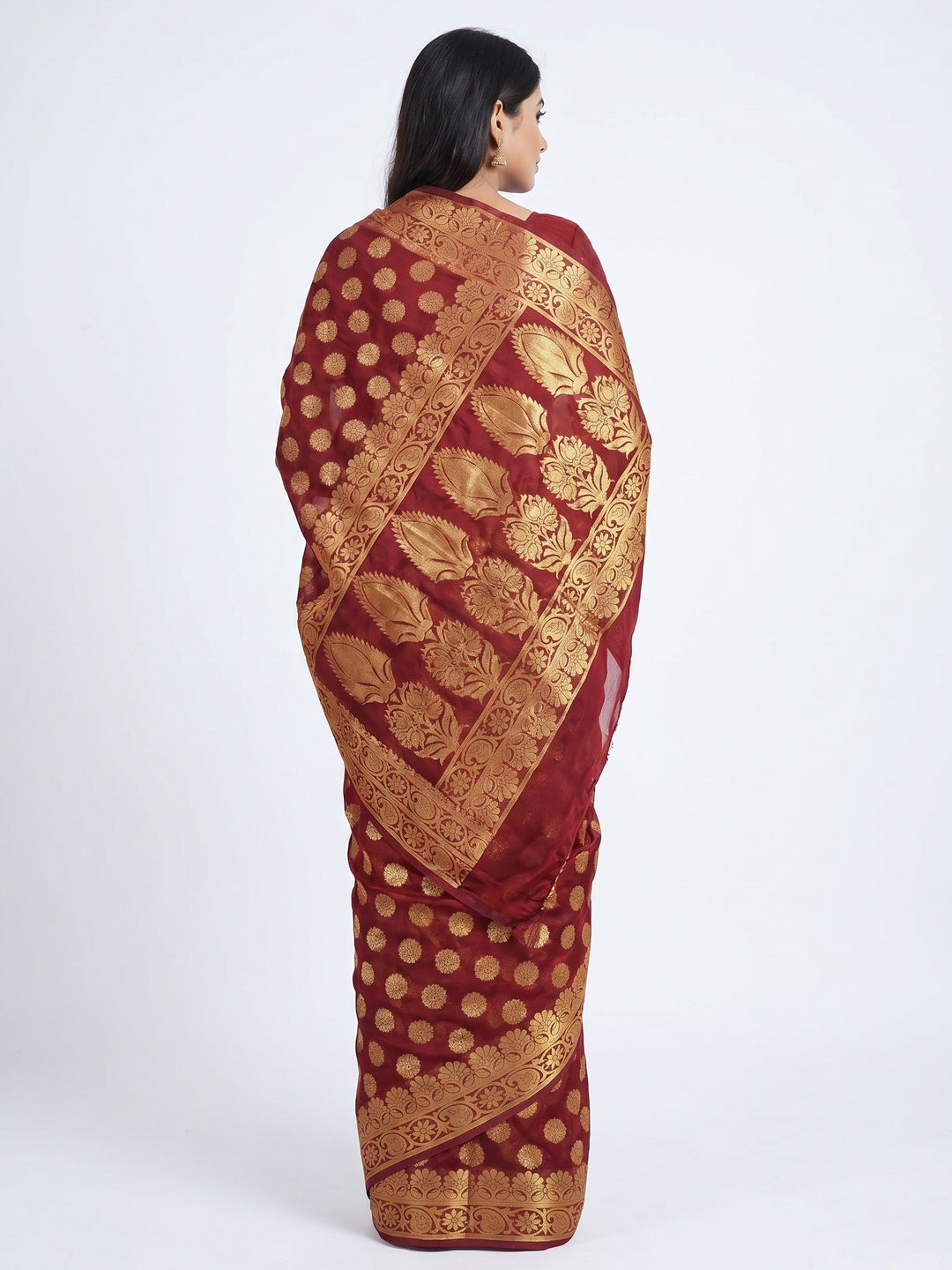 Maroon Woven Jacquard Saree With Tassels - Image 2