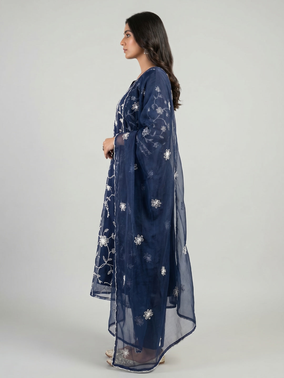 Navy Blue Floral Embroidered Organza Dress Material - Image 3