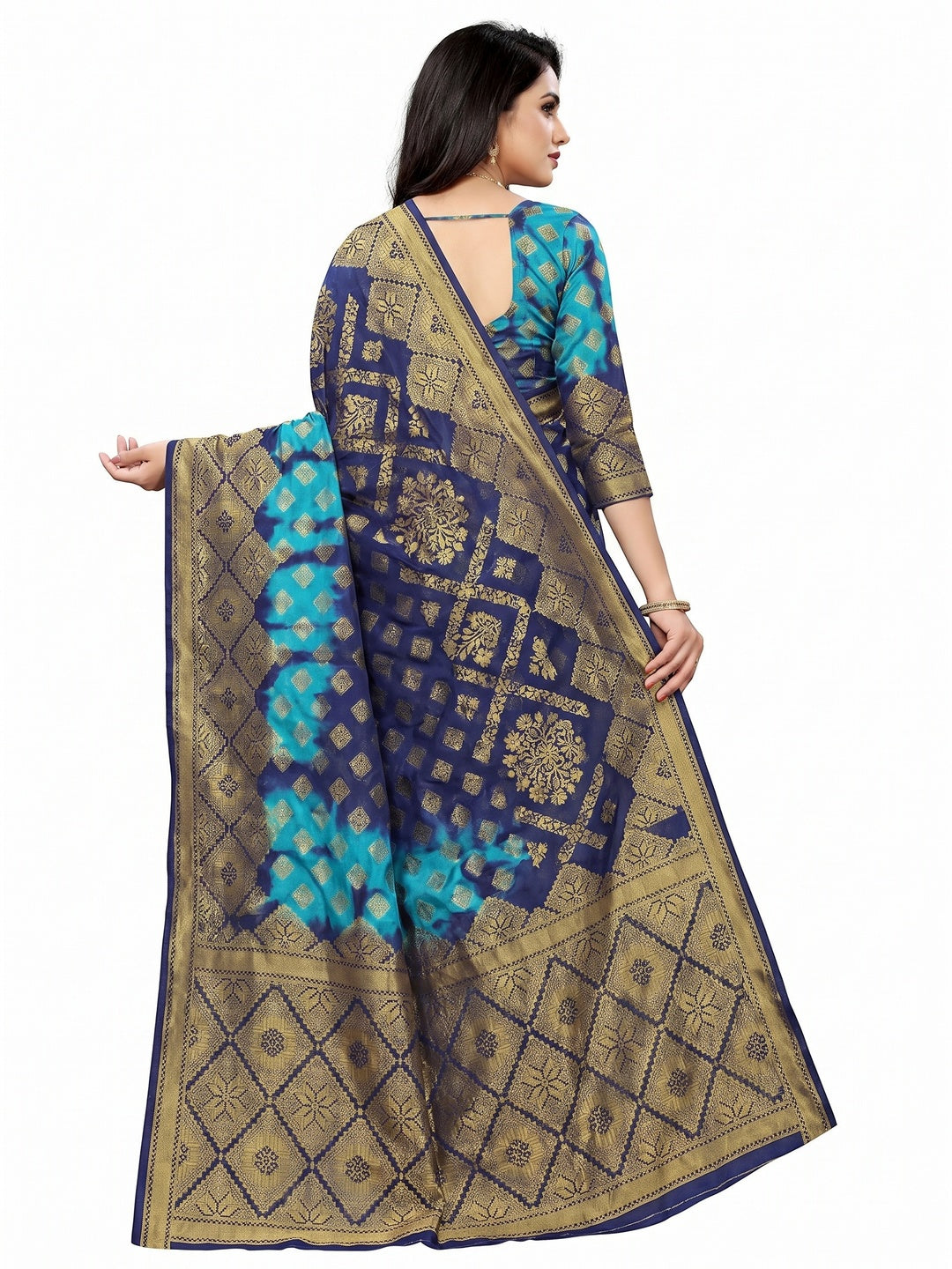 Blue Woven Jacquard Saree With Tassels - Image 3