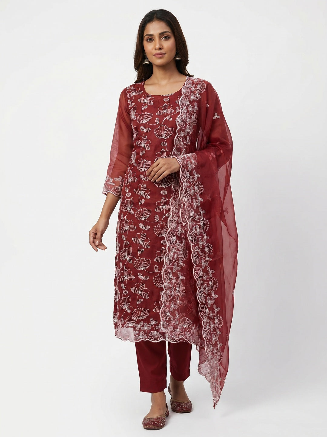 Maroon Floral Embroidered Organza Dress Material - Image 2