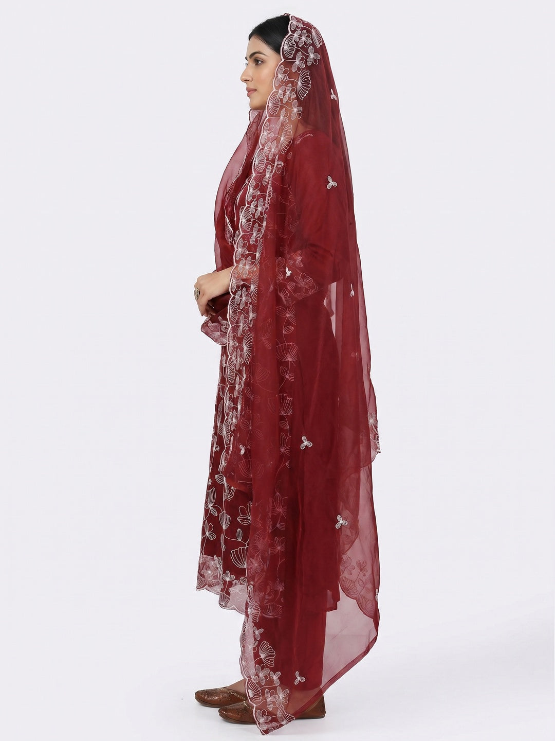 Maroon Floral Embroidered Organza Dress Material - Image 3
