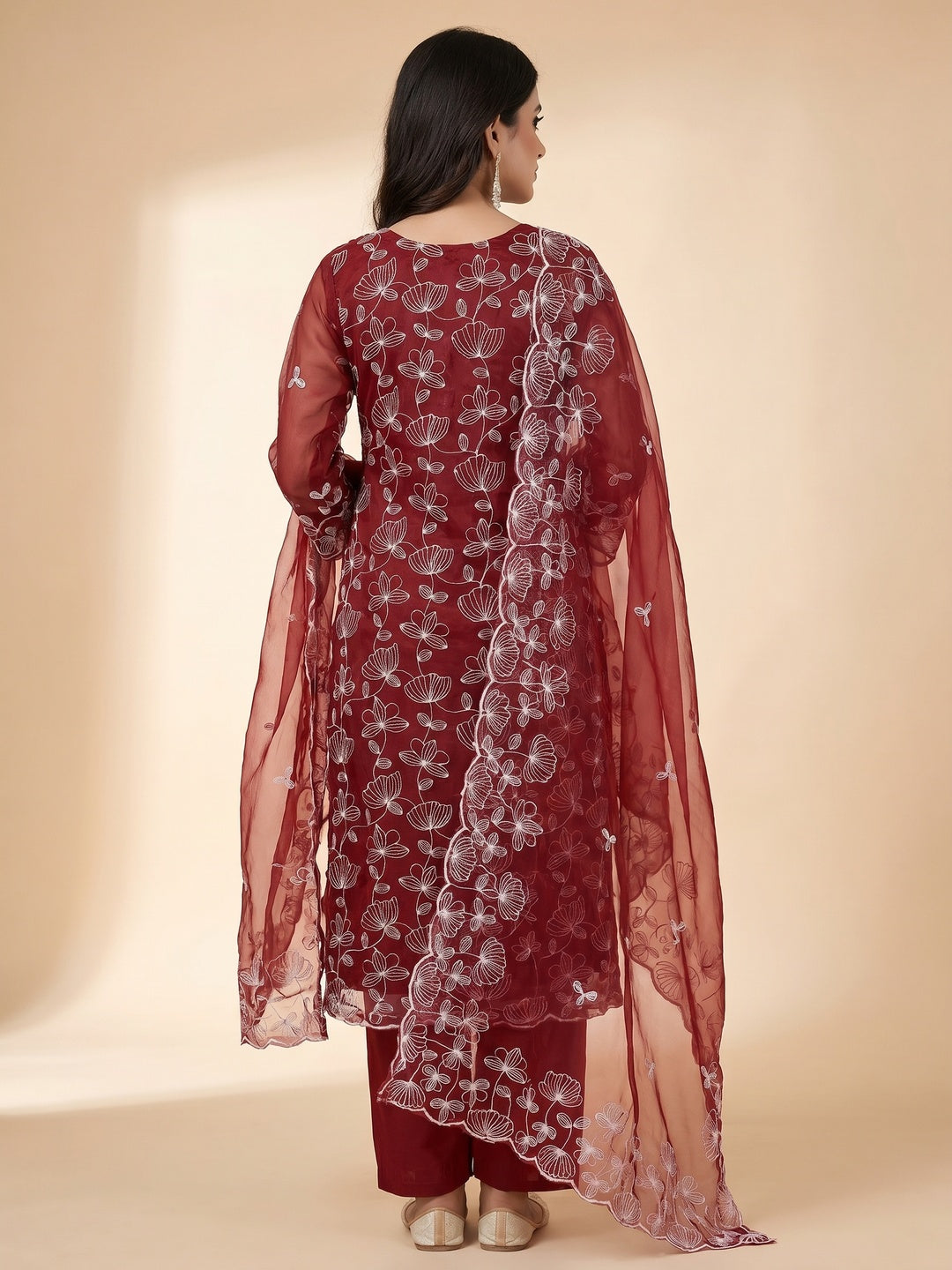 Maroon Floral Embroidered Organza Dress Material - Image 1