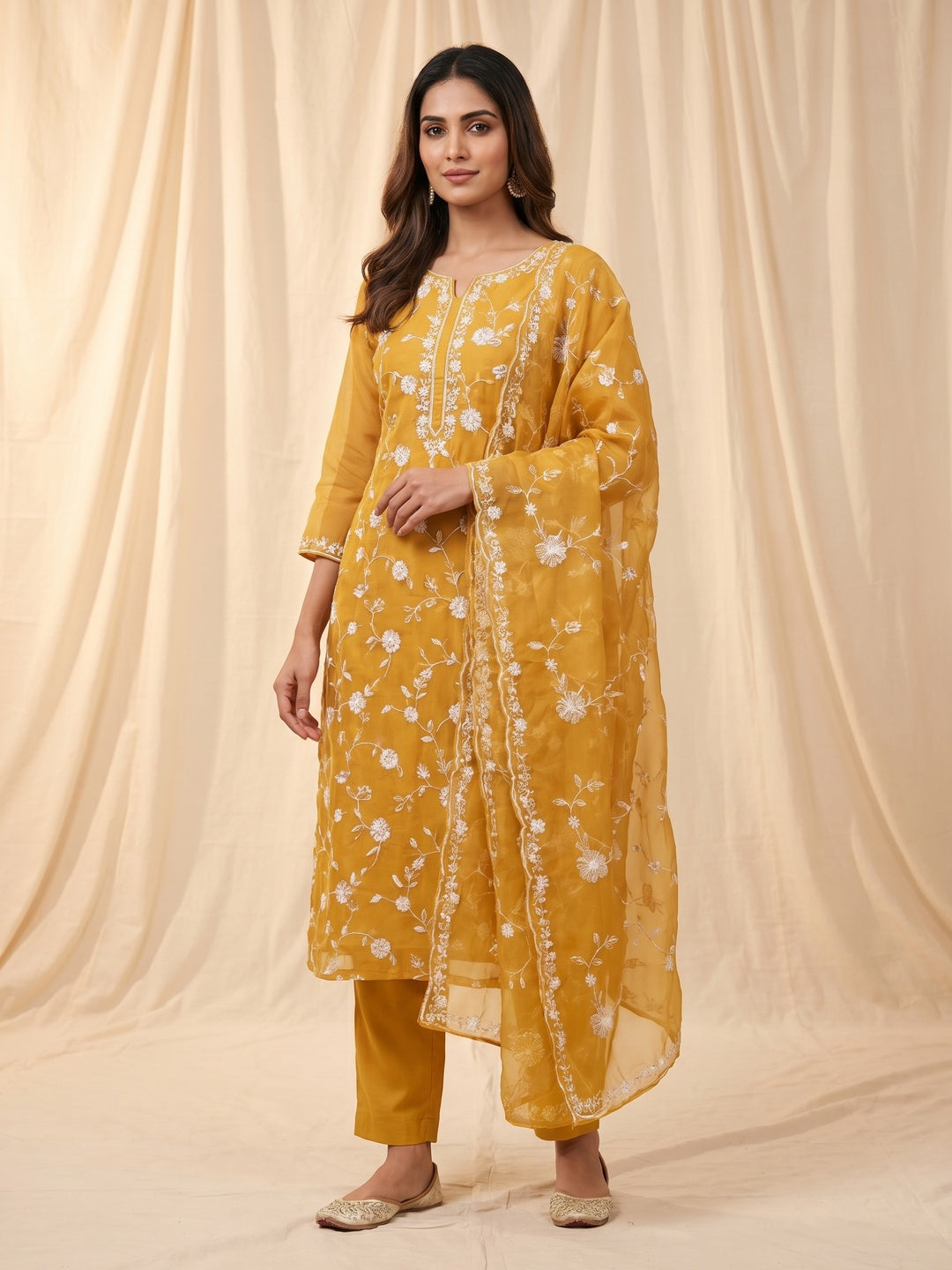 Mustard Floral Embroidered Organza Dress Material - Image 1