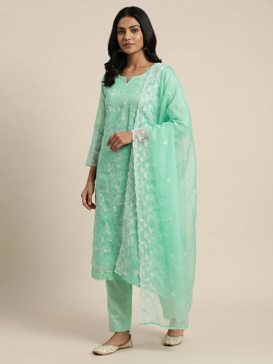 Rama Green Floral Embroidered Organza Dress Material - Image 1