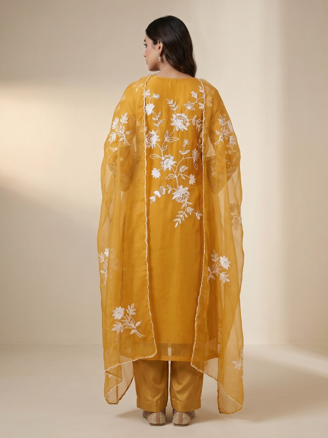 Mustard Floral Embroidered Organza Dress Material - Image 3