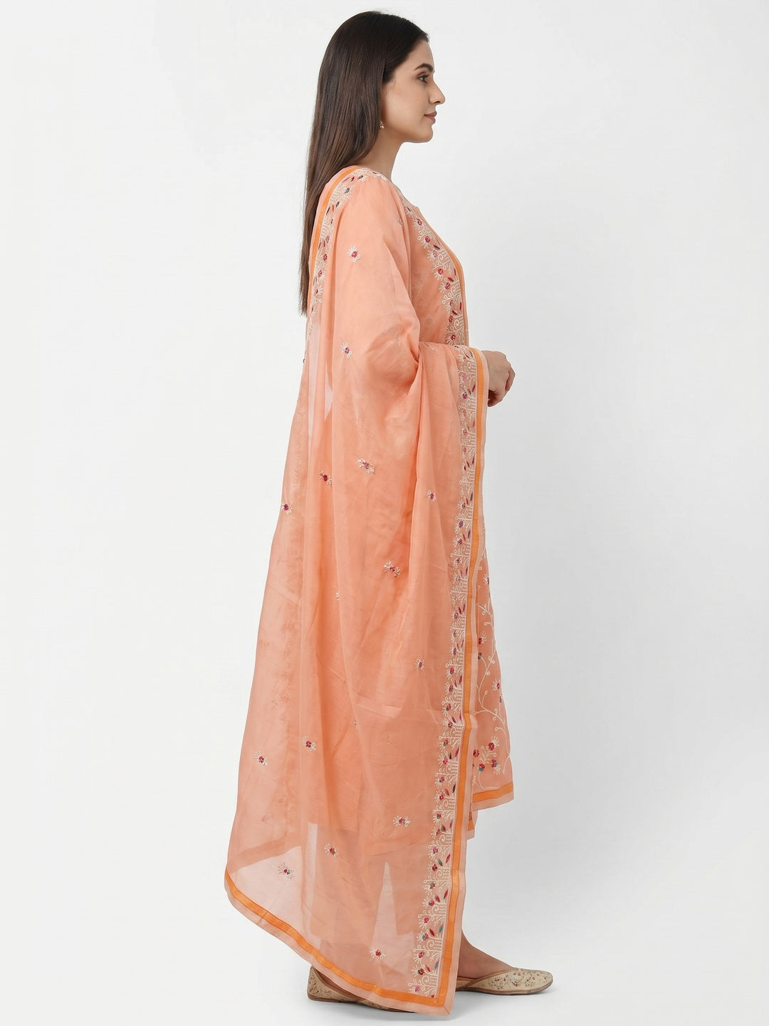 Peach Floral Embroidered Chanderi Dress Material - Image 3