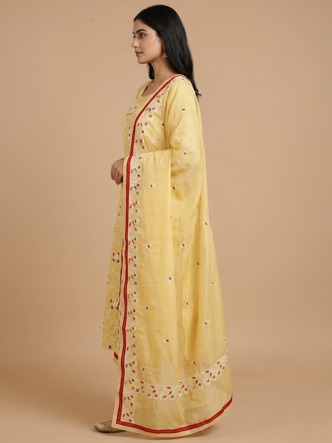 Yellow Floral Embroidered Chanderi Dress Material - Image 3