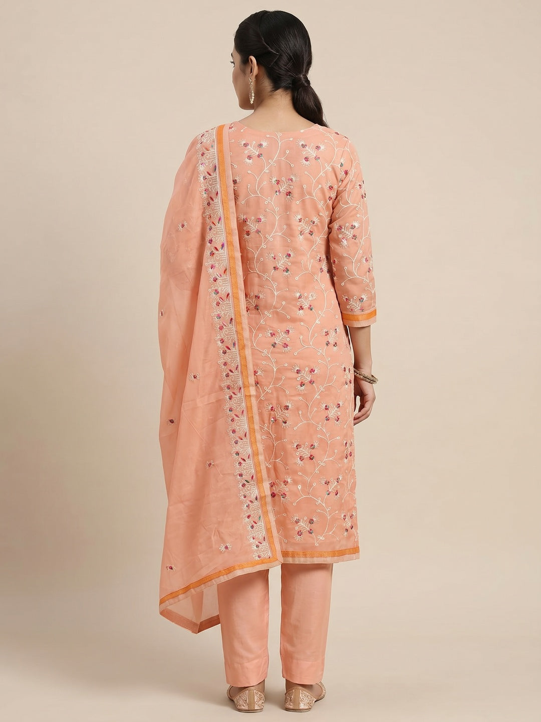 Peach Floral Embroidered Chanderi Dress Material - Image 2