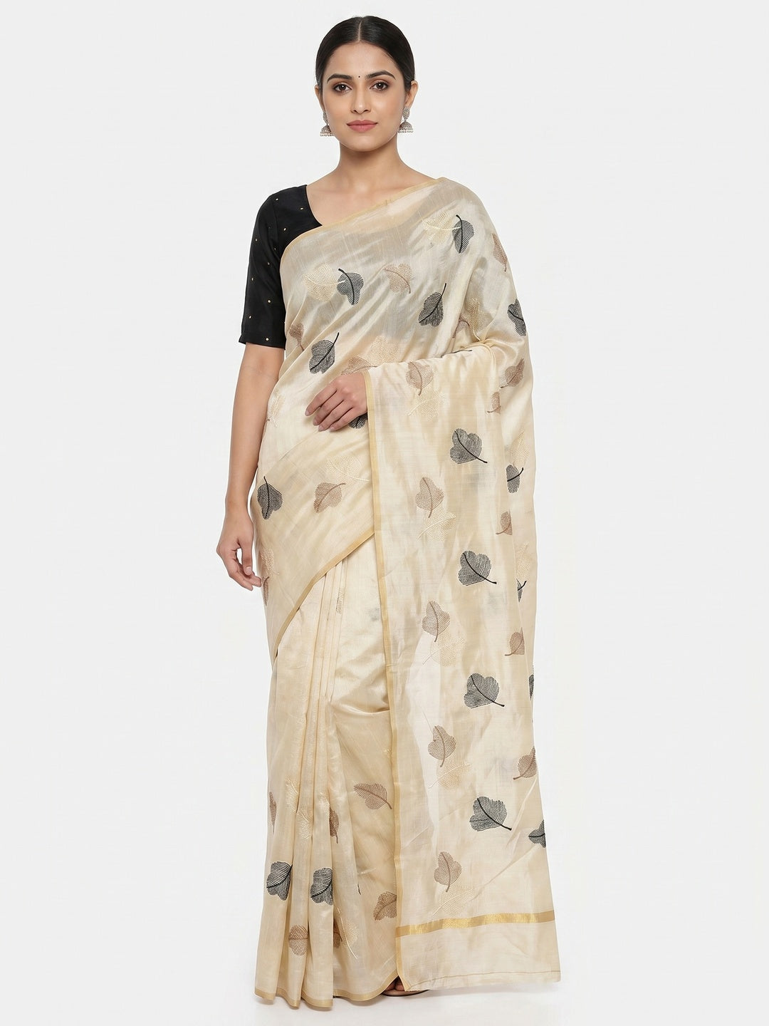 Cream Embroidered Assam Silk Saree - Image 1