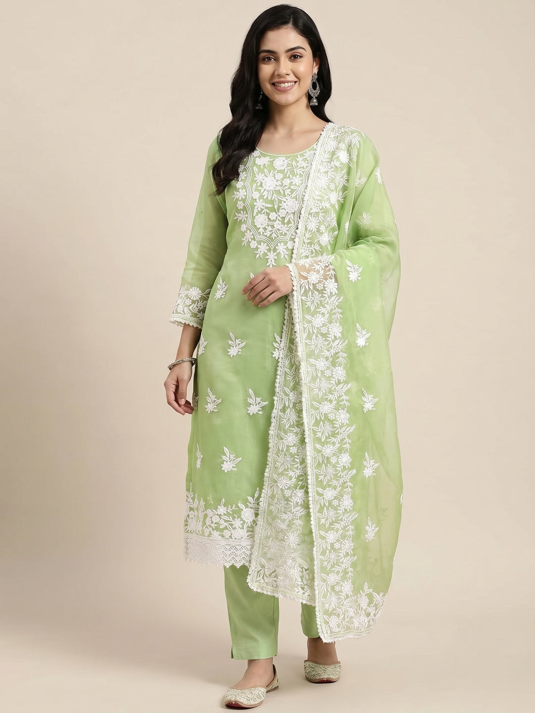 Mint Green Floral Embroidered Organza Dress Material - Image 1