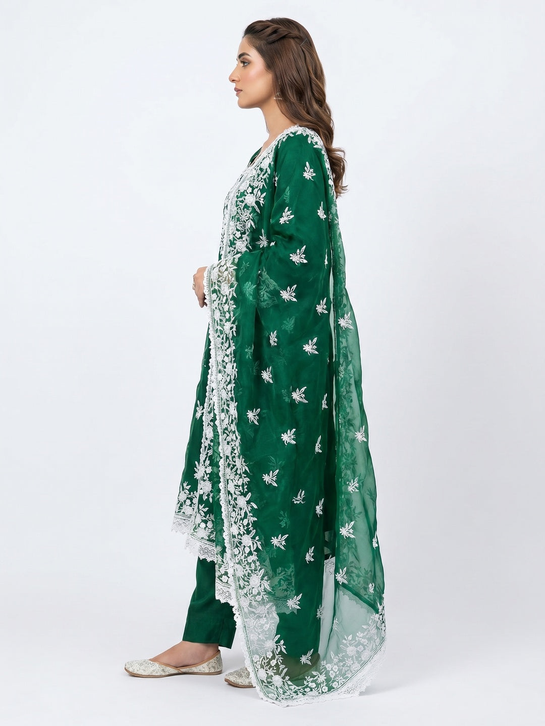 Green Floral Embroidered Organza Dress Material - Image 2