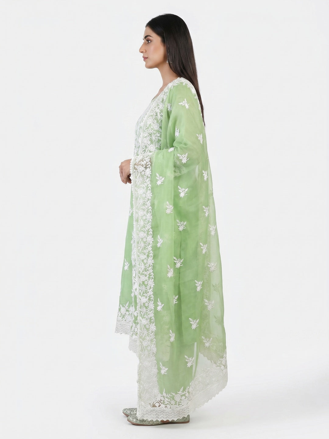 Mint Green Floral Embroidered Organza Dress Material - Image 2