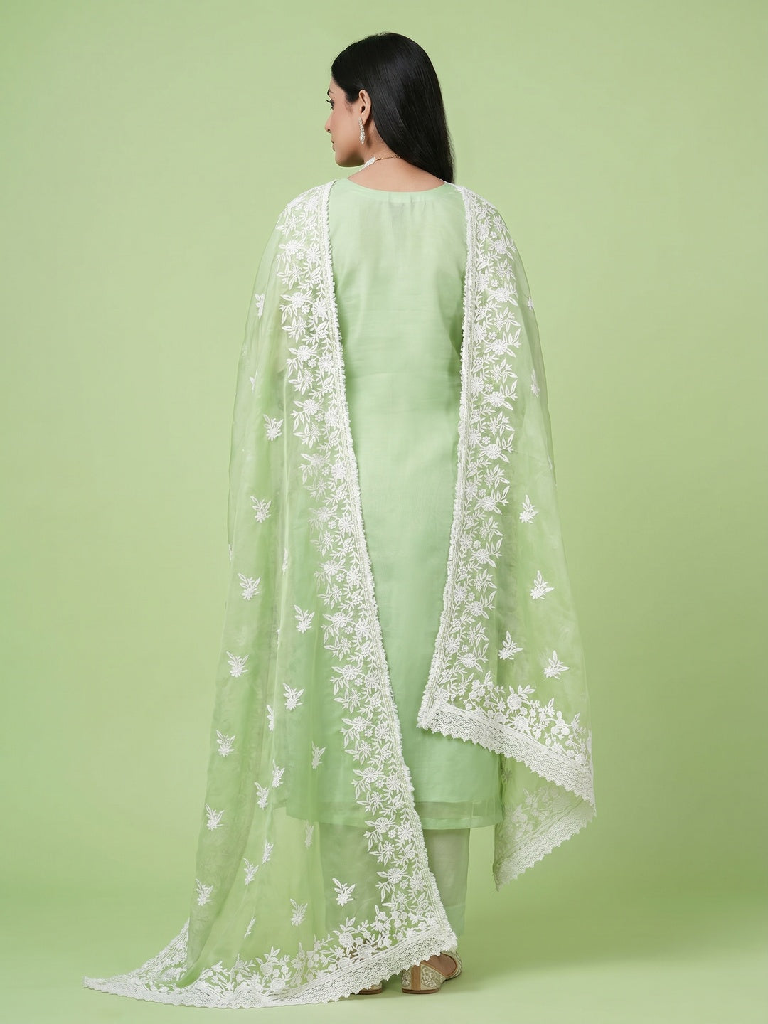 Mint Green Floral Embroidered Organza Dress Material - Image 3