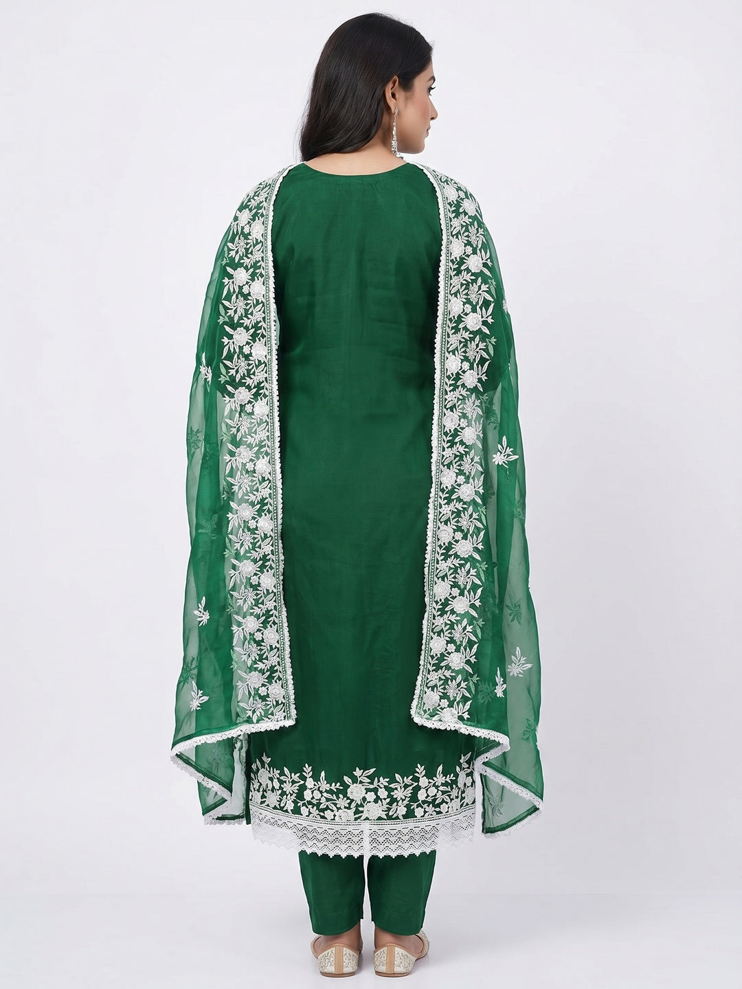 Green Floral Embroidered Organza Dress Material - Image 3