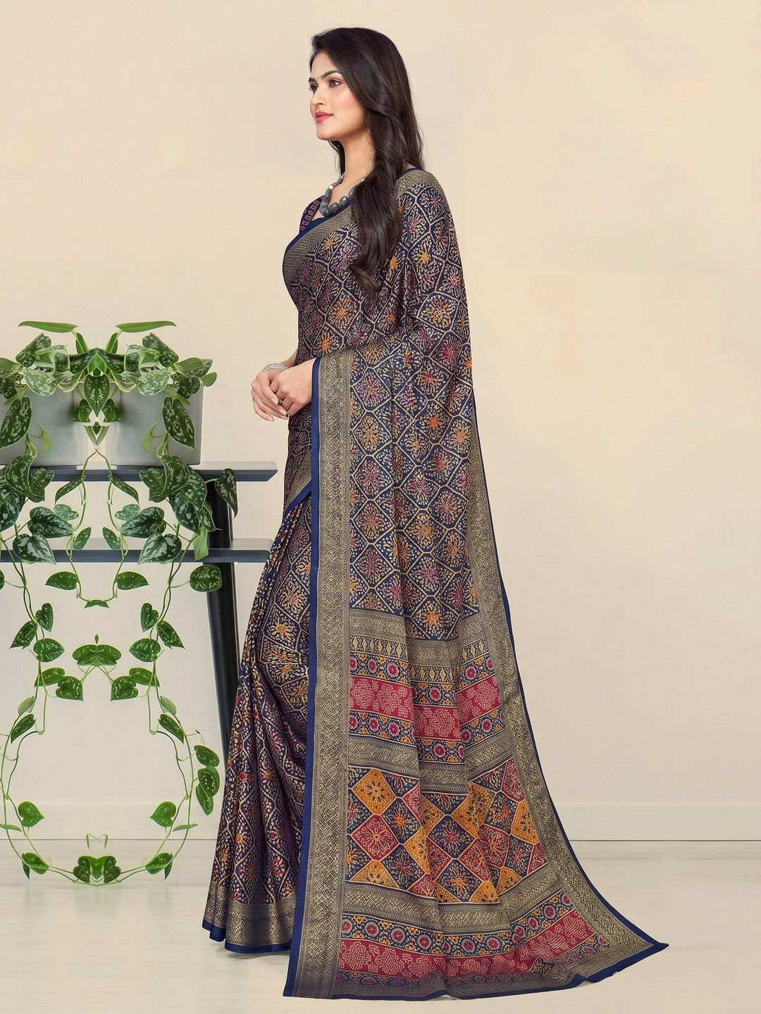 Royal Blue Bandhani Printed Chiffon Saree - Image 1