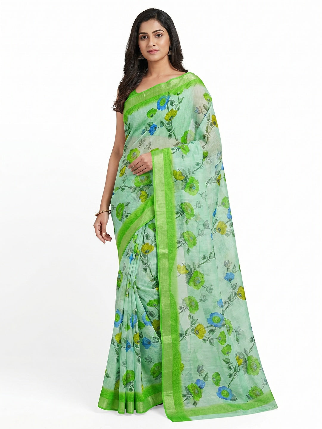 Sea Green Printed Linen Saree - Image 1