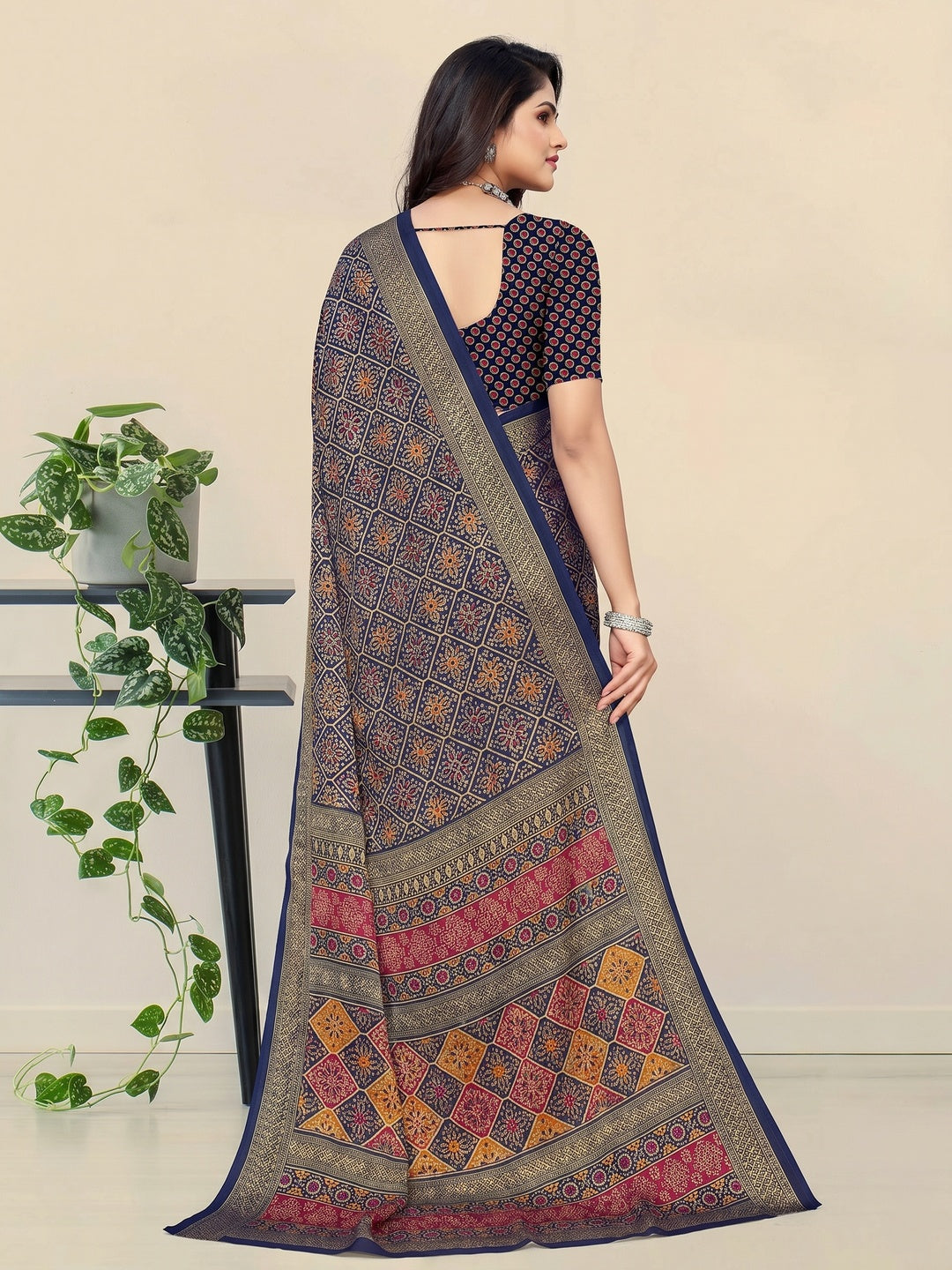 Royal Blue Bandhani Printed Chiffon Saree - Image 2
