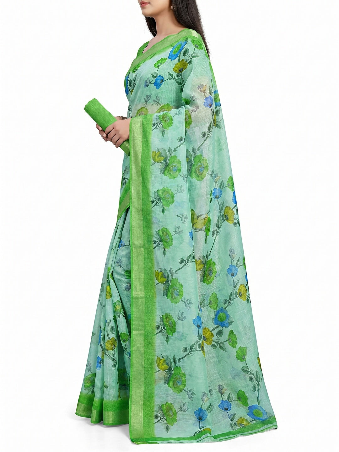 Sea Green Printed Linen Saree - Image 3