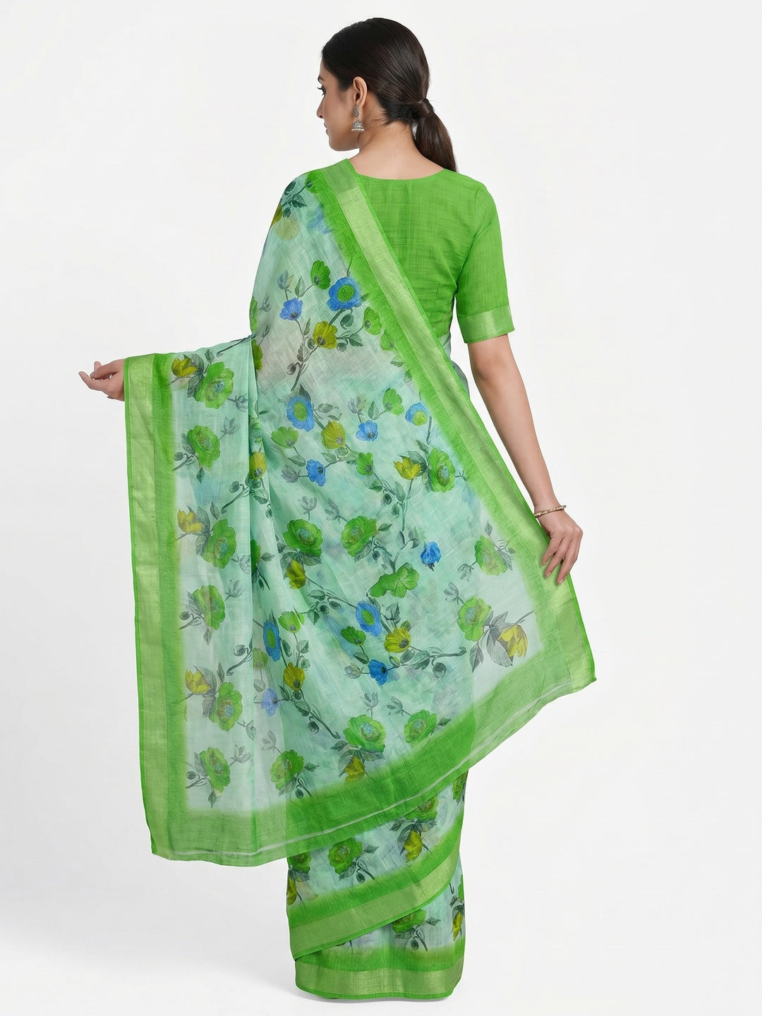 Sea Green Printed Linen Saree - Image 2