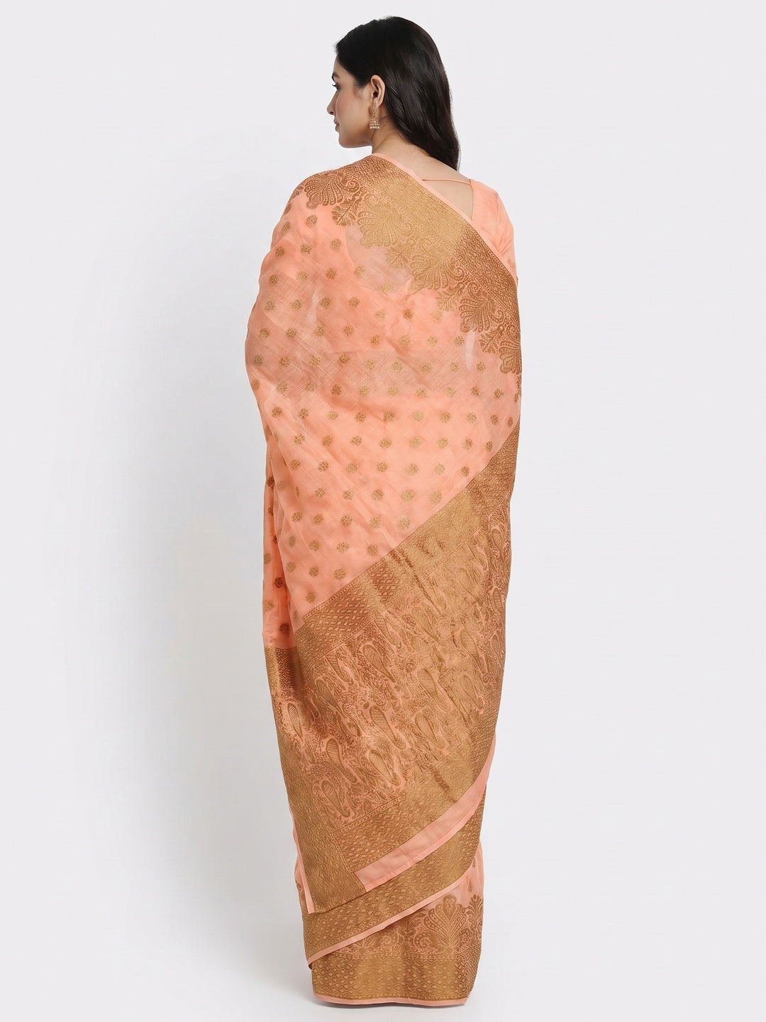 Peach Woven Cotton Blend Saree - Image 3