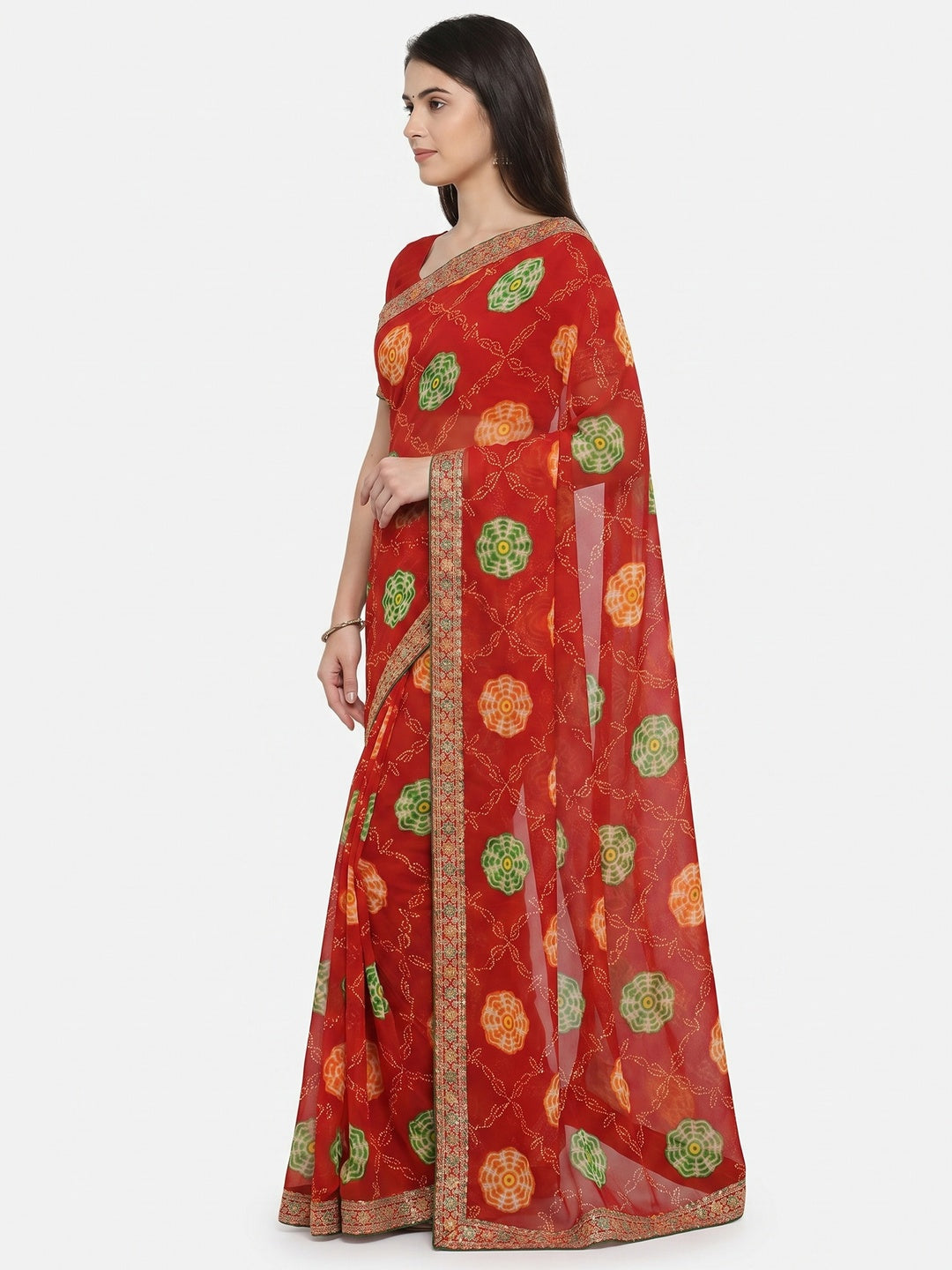 Red Bandhani Printed Georgette Saree - Image 3
