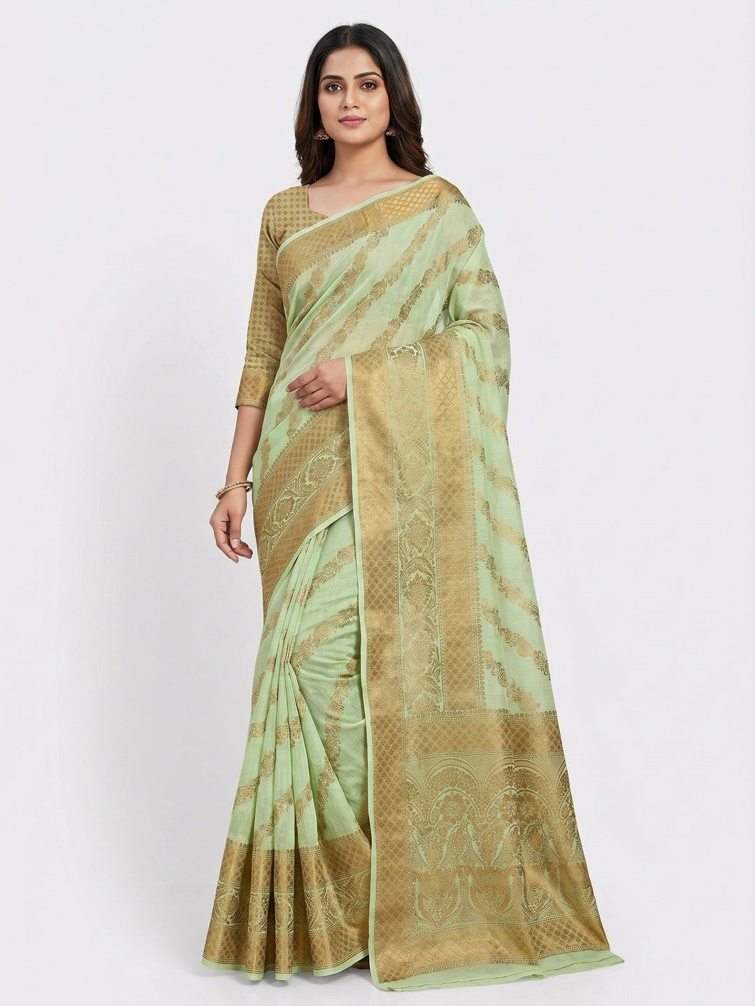 Green Woven Cotton Blend Saree - Image 1