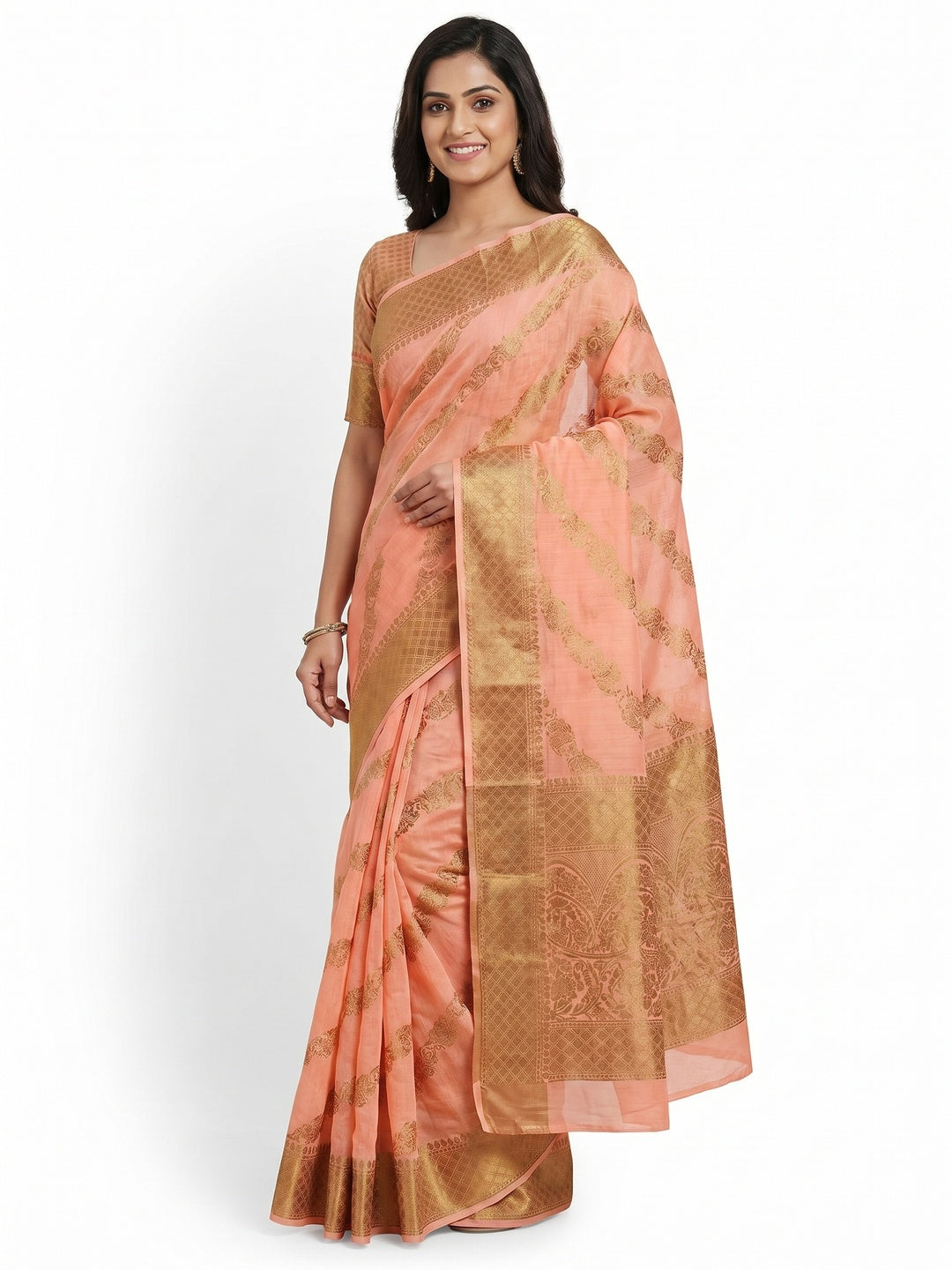 Peach Woven Cotton Blend Saree - Image 3