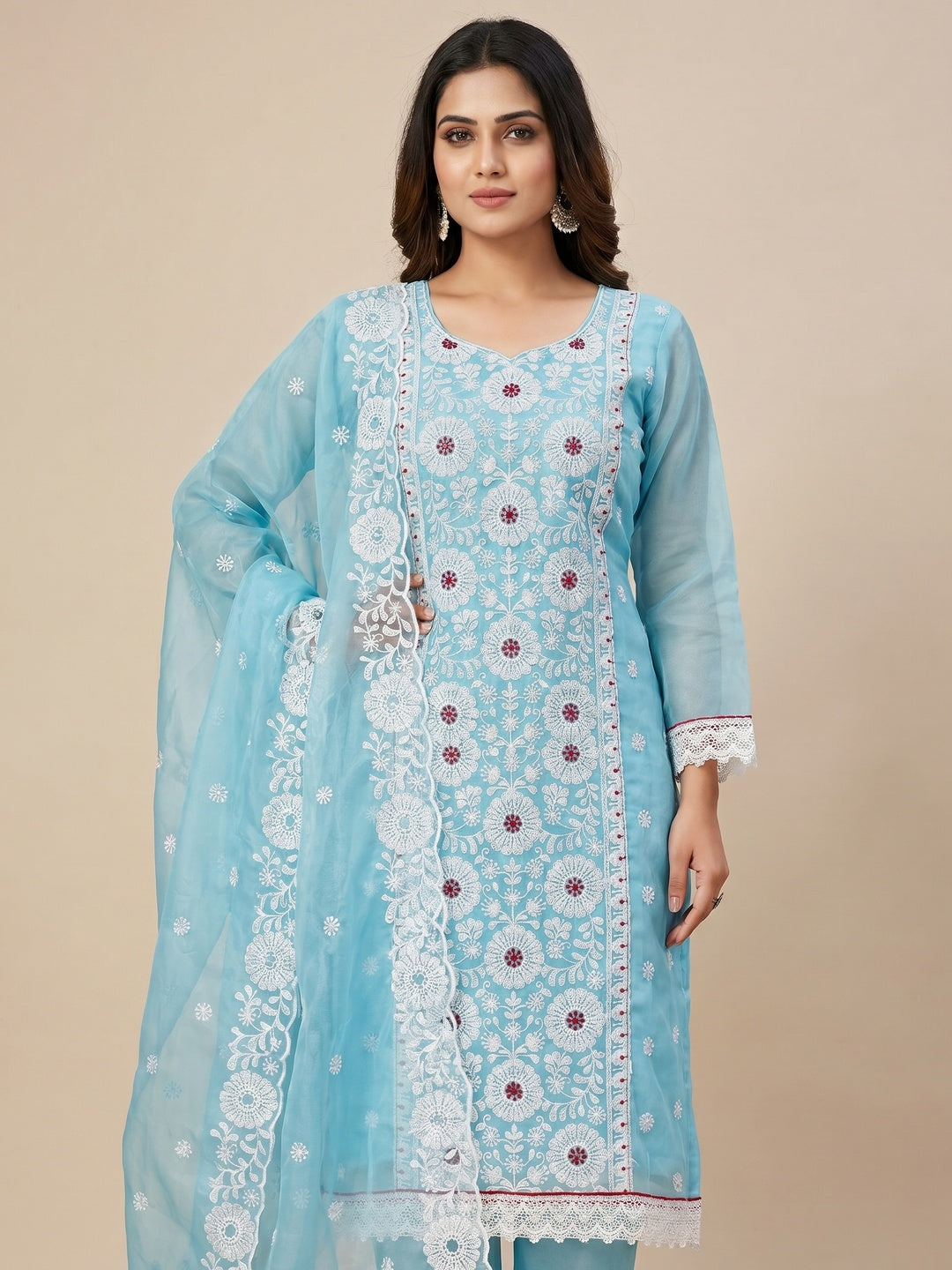 Blue Floral Embroidered Organza Dress Material - Image 1