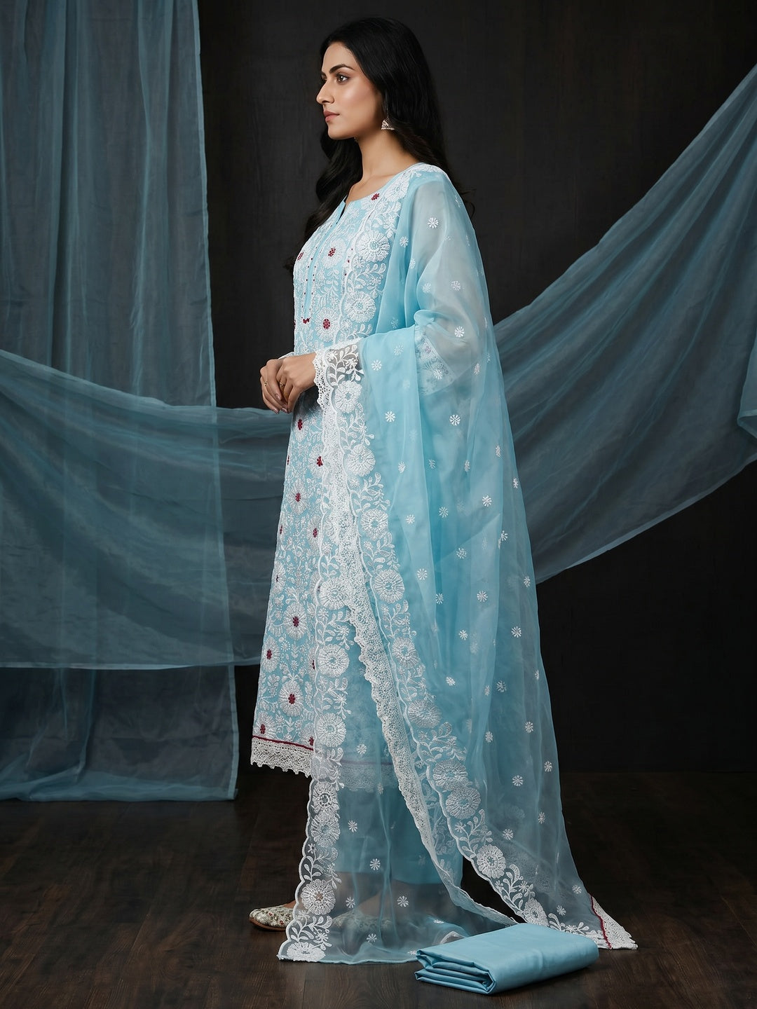 Blue Floral Embroidered Organza Dress Material - Image 2