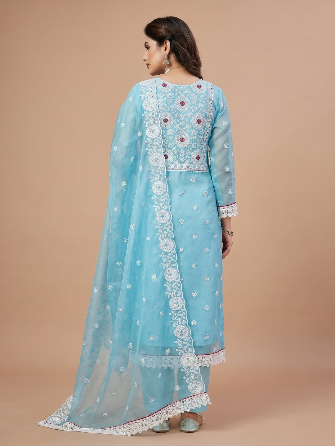 Blue Floral Embroidered Organza Dress Material - Image 3