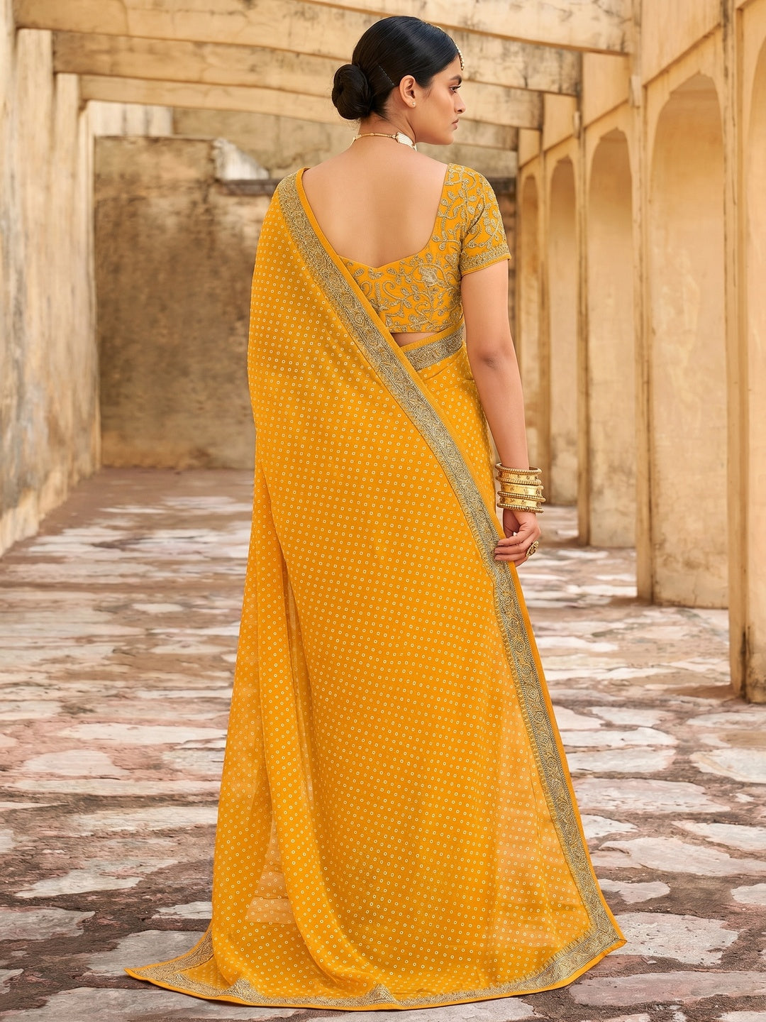 Yellow Bandhani Printed Georgette Saree - Image 1