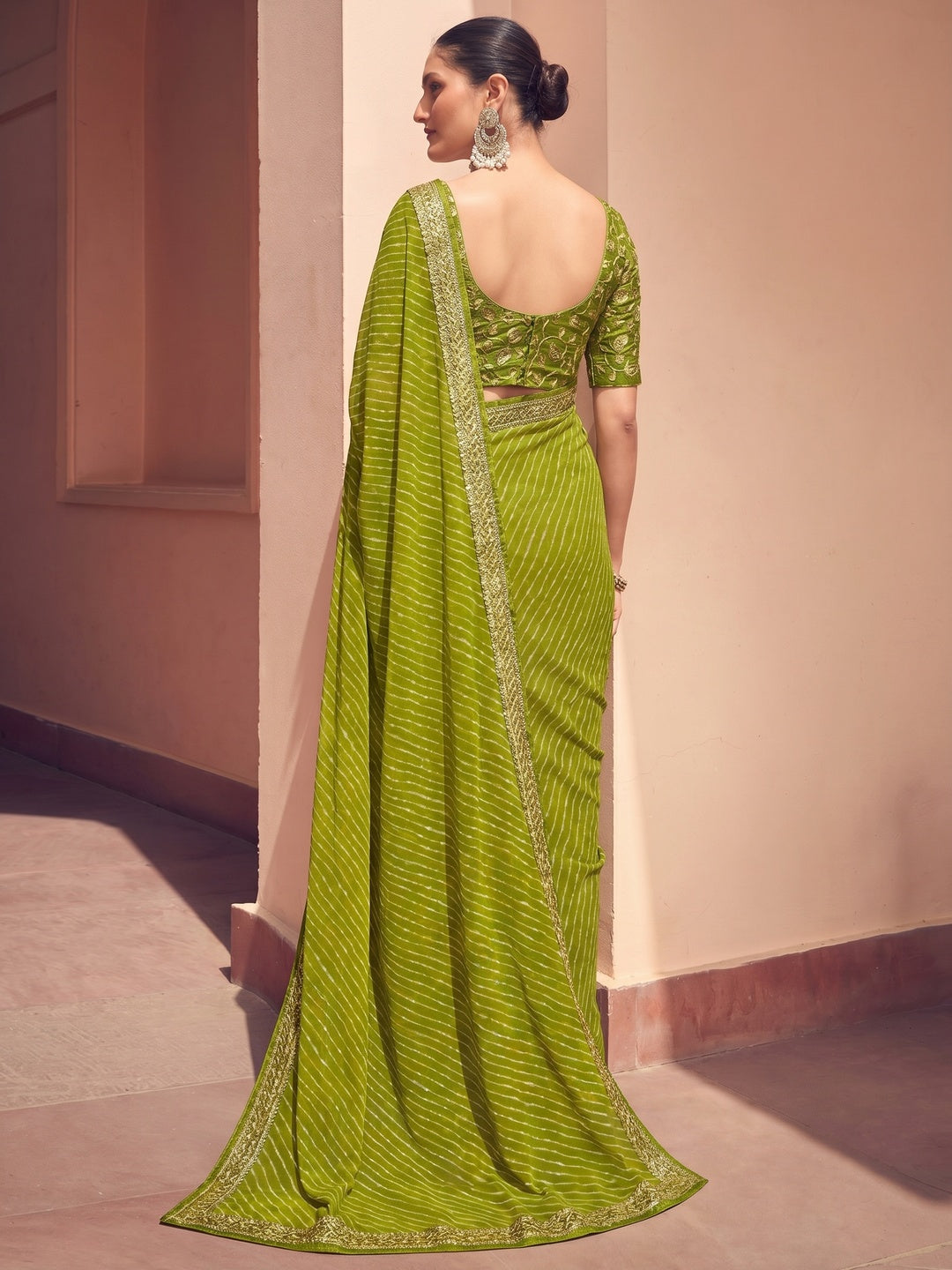 Green Striped Printed Georgette Saree - Image 1