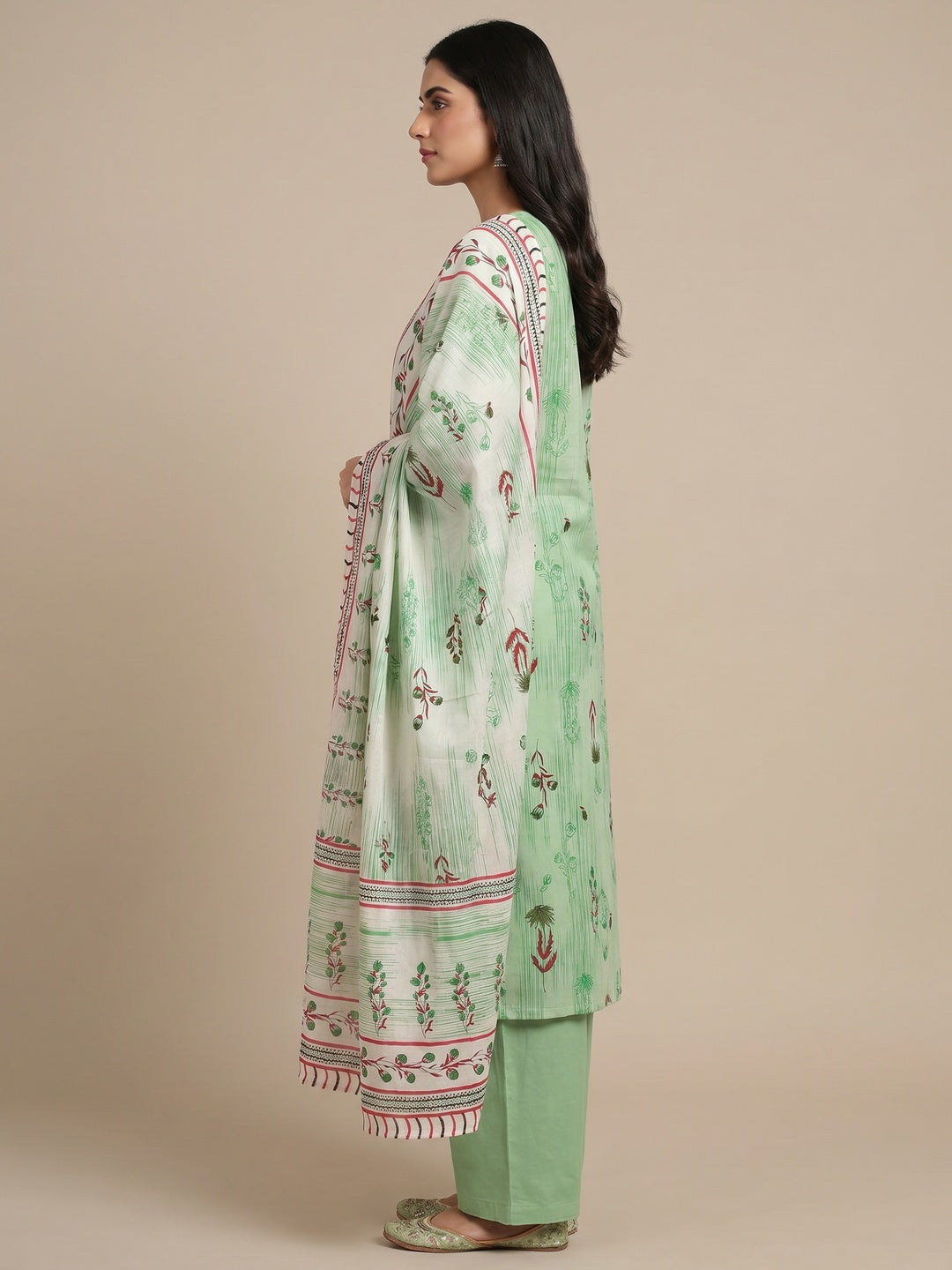 Green Printed Pure Cotton Dress Material - Image 3