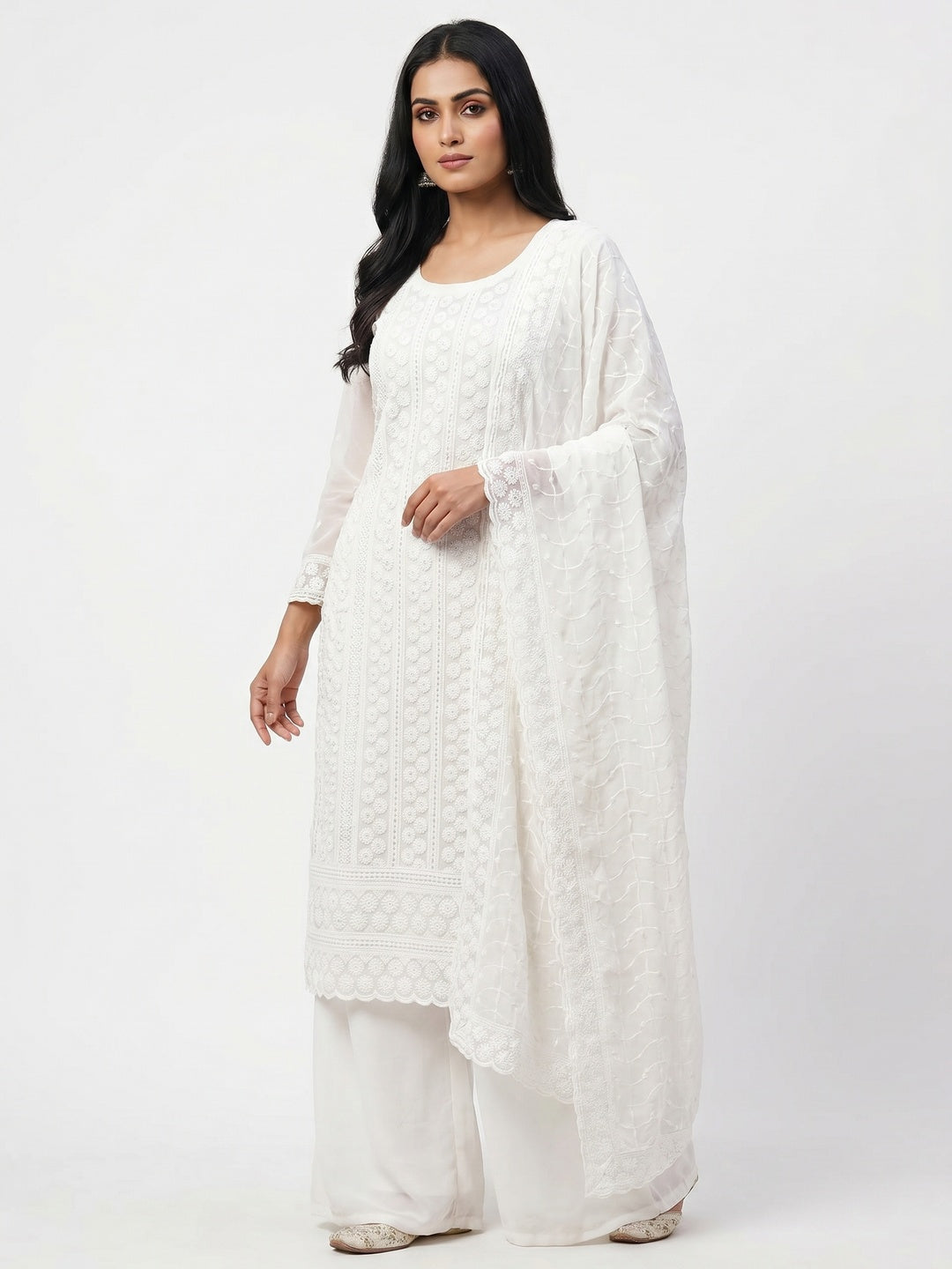 White Lucknowi Embroidered Georgette Dress Material - Image 1
