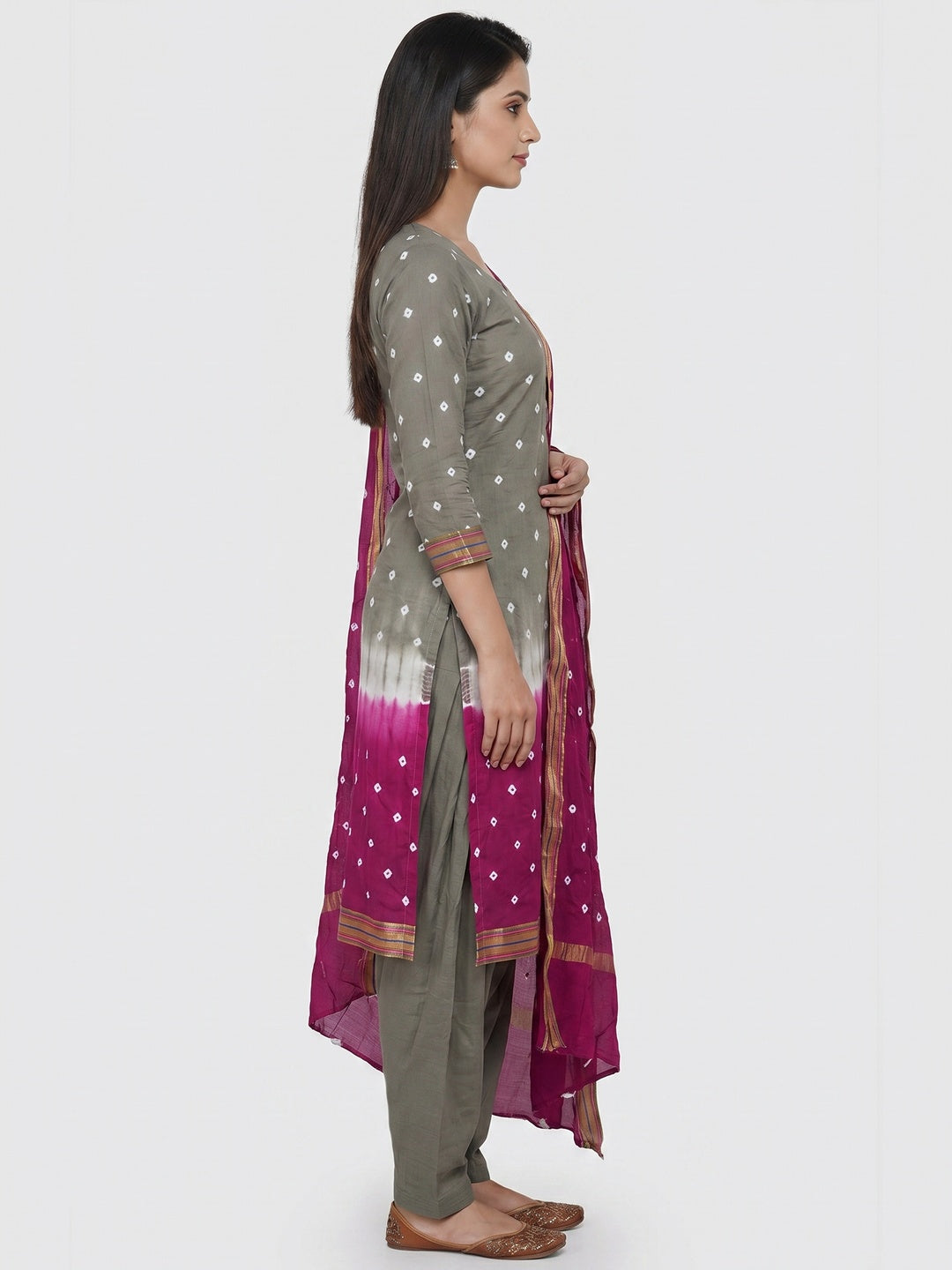 Grey-Pink Bandhani Printed Cotton Blend Dress Material - Image 3