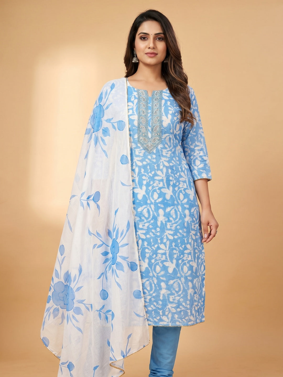 Blue Printed With Embroidered Cotton Blend Dress Material - Image 1