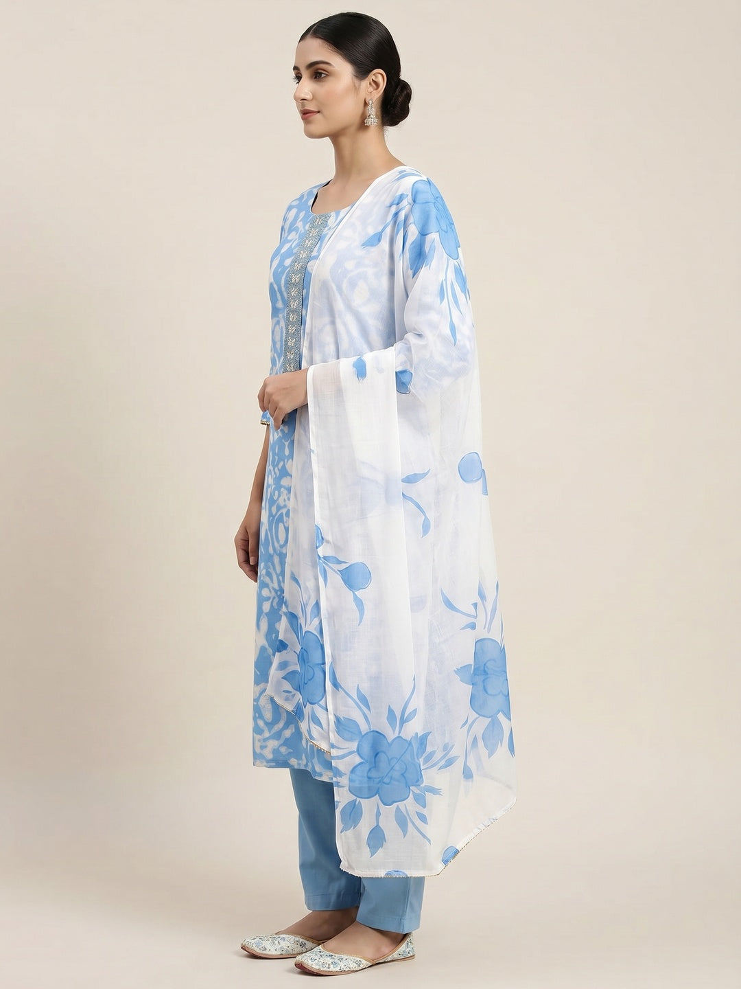Blue Printed With Embroidered Cotton Blend Dress Material - Image 3