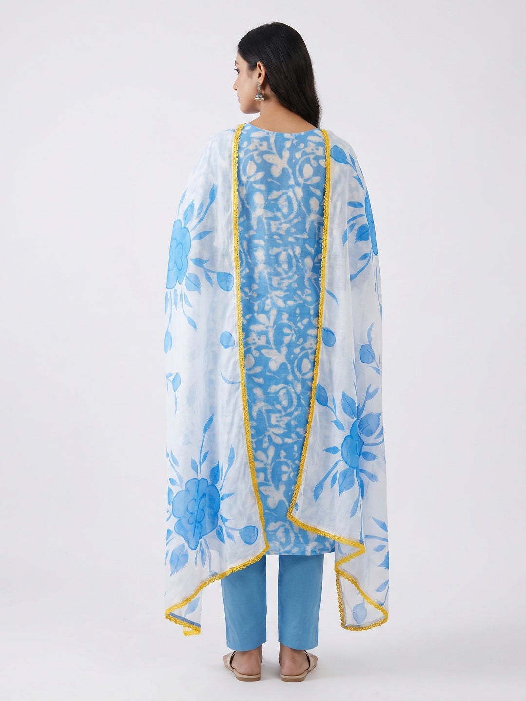Blue Printed With Embroidered Cotton Blend Dress Material - Image 2