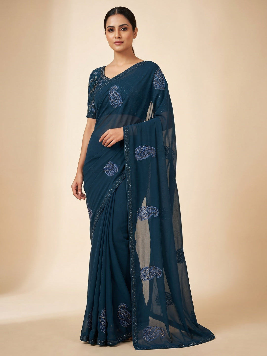 Blue Embroidered With Embellished Georgette Saree - Image 1