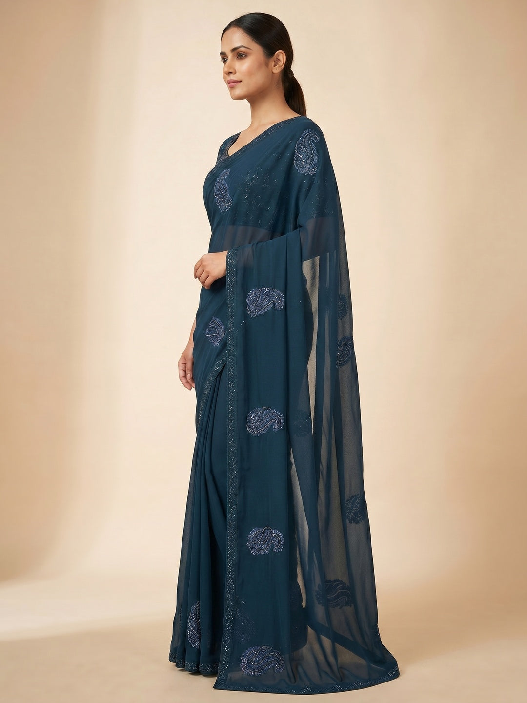 Blue Embroidered With Embellished Georgette Saree - Image 2