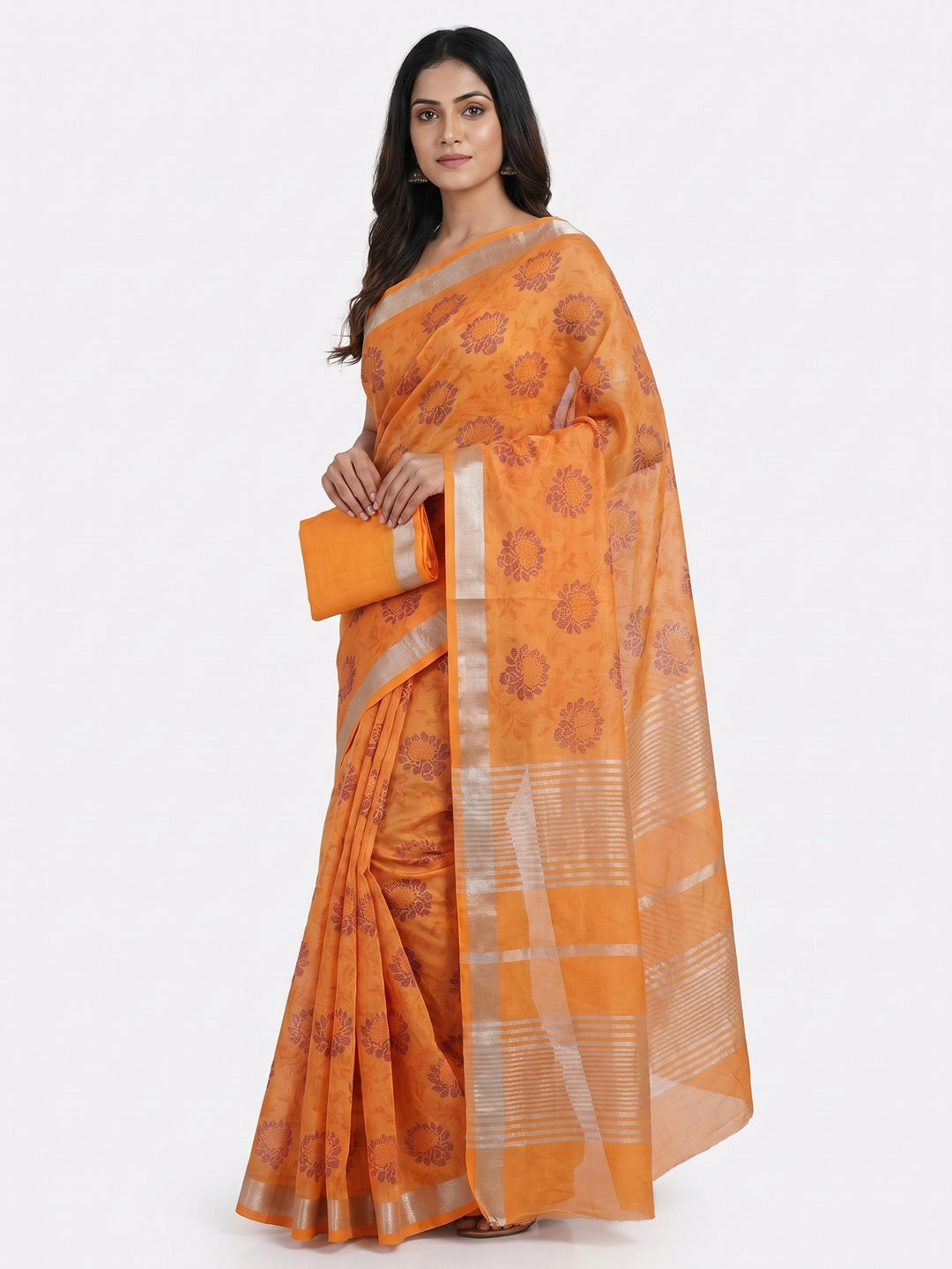 Orange Floral Block Printed Chanderi Saree - Image 1